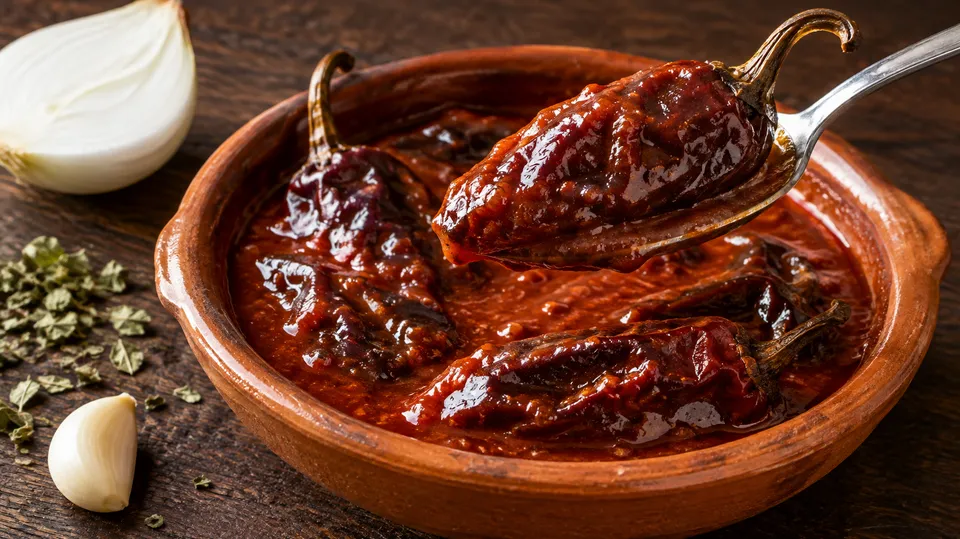 Nærbillede af hele, røgede chilier i tyk, rød tomatsauce i et lille lerfad, hvor en ske løfter en af chilierne op