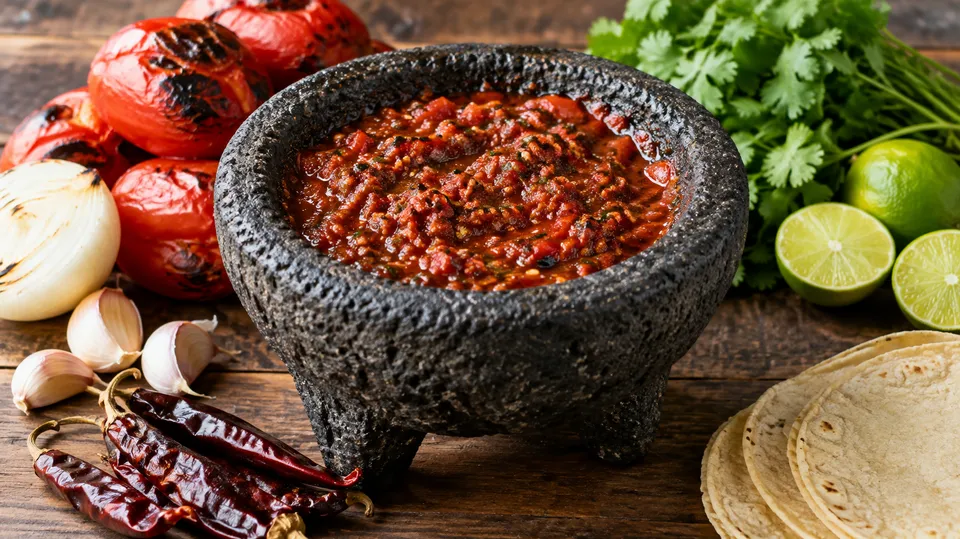 Rød salsa med røget chili i en morter af vulkansten omgivet af grillede tomater, løg, hvidløg, frisk koriander, lime og tørrede chilier