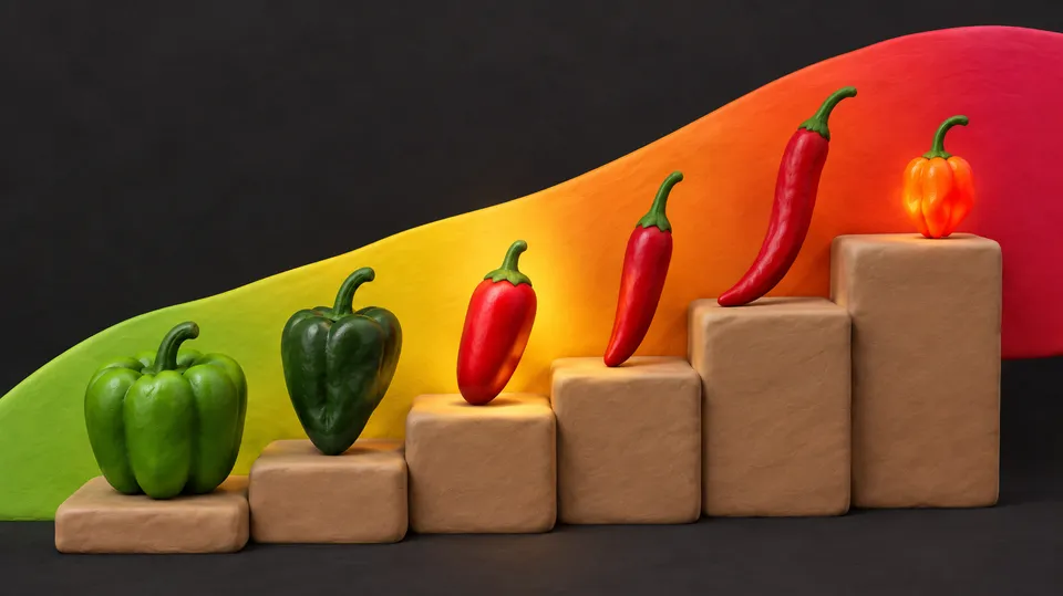 3d-illustration i ler af chilier på trin, der stiger fra en grøn peberfrugt over en rød jalapeño til en lille orangerød habanero foran et farvebånd fra grøn til rød
